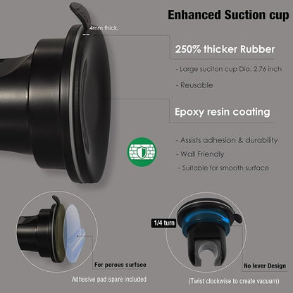 Hand held Showerhead Holder Wall Mounted with Suction Cup - Reusable- Wide Anlge Adustable Shower Hose Holder (Matte Black)