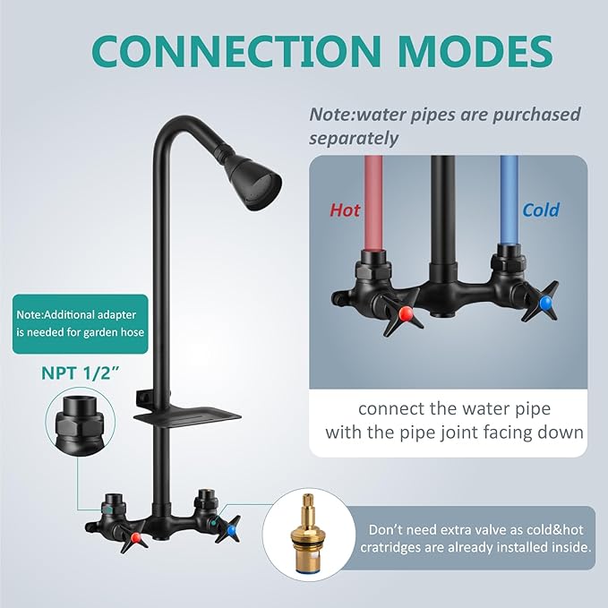 Aolemi Outdoor Shower Kit,Outdoor Shower Fixtures Faucet System with Brass Showerhead,Double Handle Exposed Shower with Brass Mix Valve,6 Inch Center with Soap Dish,Pipe Upward,Matte Black