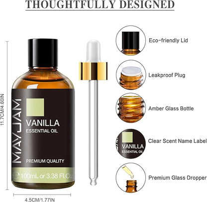 MAYJAM Vanilla Essential Oil 100ML, Pure Essential Oils for Massage, Diffusers, Vanilla Oil Fragrance Oil for Soap Candle Making (3.38FL.OZ Bottle)