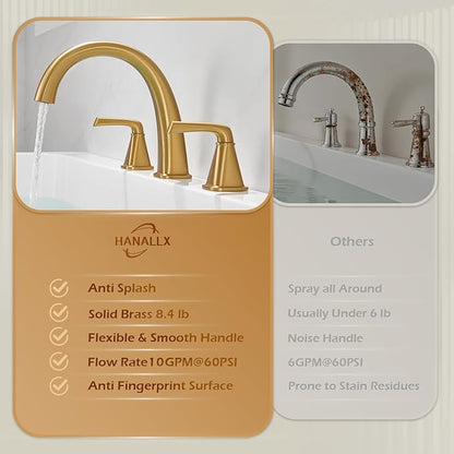 Brass Bathtub Faucet Roman Tub Faucet Gooseneck Tub Filler, Brushed Gold Garden Tub Faucet Deck Mount 3 Hole High Flow Bathtub Faucet Set, with Valve & Hose, 12-20in Widespread