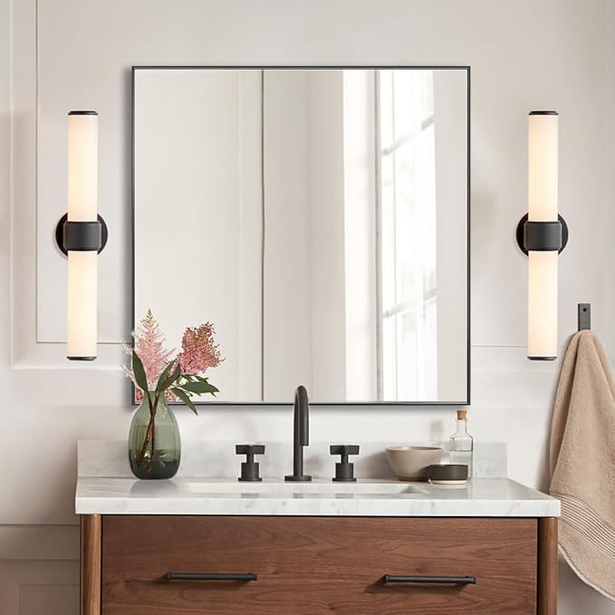 36x36 Inch Black Bathroom Mirror, Copper-Free Mirror, Aluminum Alloy Frame Vanity Mirror, Rectangle Wall Mounted Mirror, Modern Mirror for Bedroom/Living Room/Porch Horizontal or Vertical