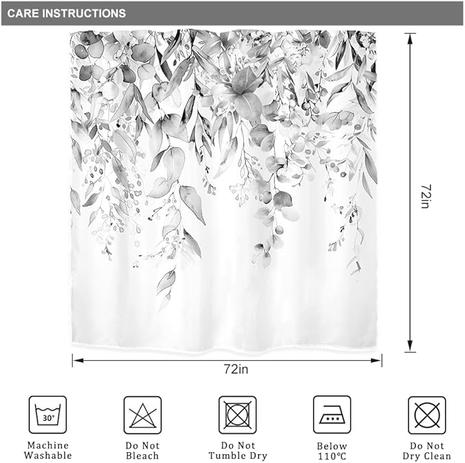 Riyidecor Grey Eucalyptus Leaves Shower Curtain for Bathroom Decor 72Wx72H Retro Plants Watercolor Floral Rustic Botanical Nature Gray Art Printed Fabric Polyester Waterproof 12 Pack Plastic