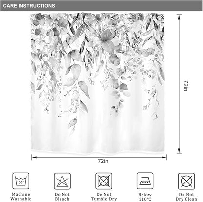 Riyidecor Grey Eucalyptus Leaves Shower Curtain for Bathroom Decor 72Wx72H Retro Plants Watercolor Floral Rustic Botanical Nature Gray Art Printed Fabric Polyester Waterproof 12 Pack Plastic