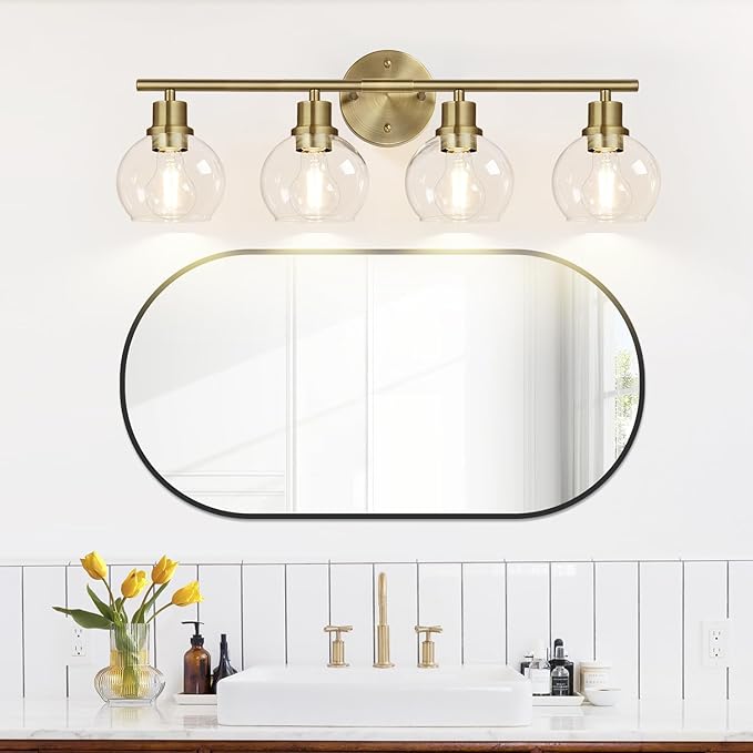 2024 Upgrade 4-Light Bathroom Light Fixtures, Brushed Brass Bathroom Lights Over Mirror with Clear Glass Globe Shade, Vanity Lights for Bathroom Kitchen Living Room Hallway Cabinet Bedroom Porch