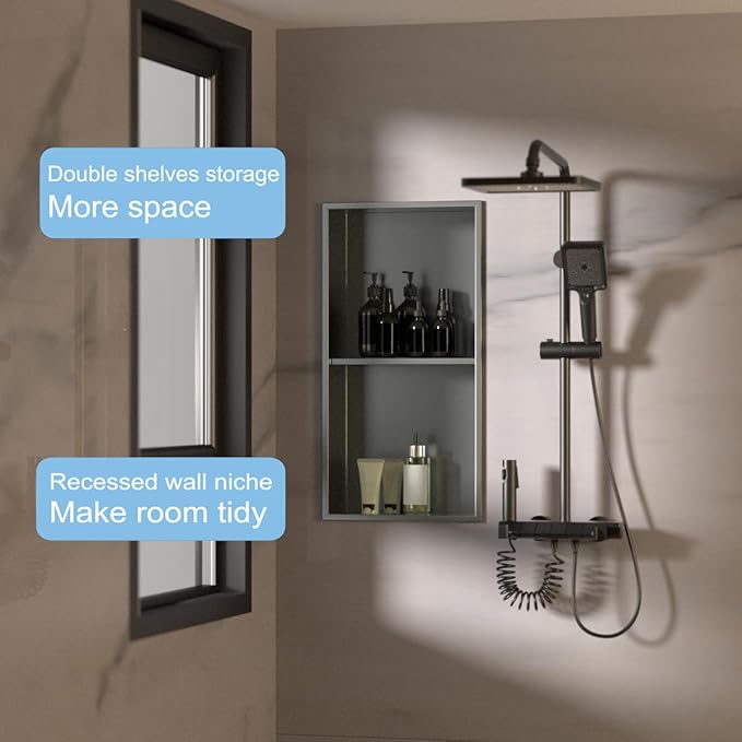 No Tile Ready Gunmetal Shower Niche,Stainless Steel Shower Wall Niche Inserts(Gery, 24 * 12 in)