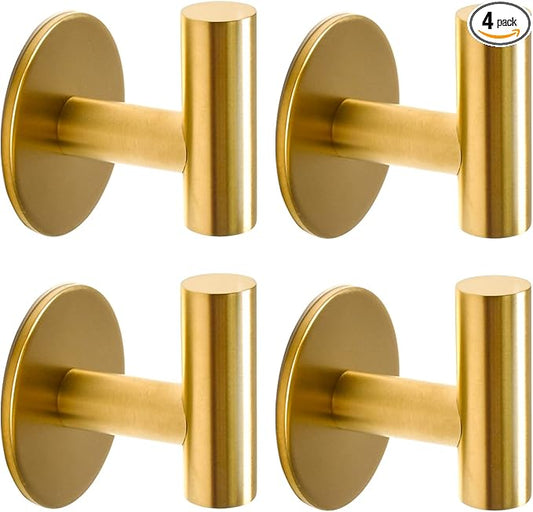 Vuzvuv Adhesive Brushed Gold Hooks, SUS304 Stainless Steel Self-Adhesive Towel Coat Robe Heavy Duty Waterproof Hook for Bathrooms Kitchen Hotel (4-Pack)