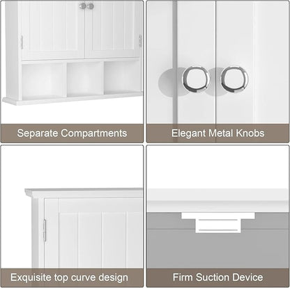 ChooChoo Bathroom Cabinet Wall Mounted 2-Door with 3 Open Shelves, Wooden Medicine Cabinets with Adjustable Shelf, Space Saver Storage Cabinets Over The Toilet for Bathroom&Living Room, White