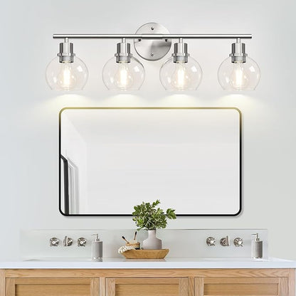 4-Light Bathroom Light Fixtures, Brushed Nickel Modern Vanity Lights Over Mirror with Clear Glass Globe Shade, Bathroom Wall Sconces for Mirror Kitchen Living Room Hallway Cabinet Bedroom Porch