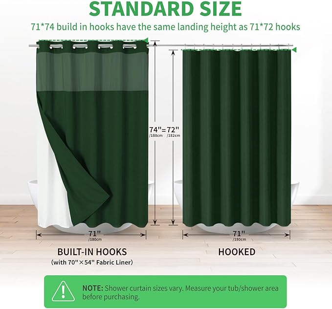 No Hooks Needed Linen Textured Shower Curtain with Snap-in Fabric Liner Set,Hotel Luxury Decor Shower Curtains for Bathroom with Mesh Top Window,Waterproof & Washable,71Wx74H,Emerald Green