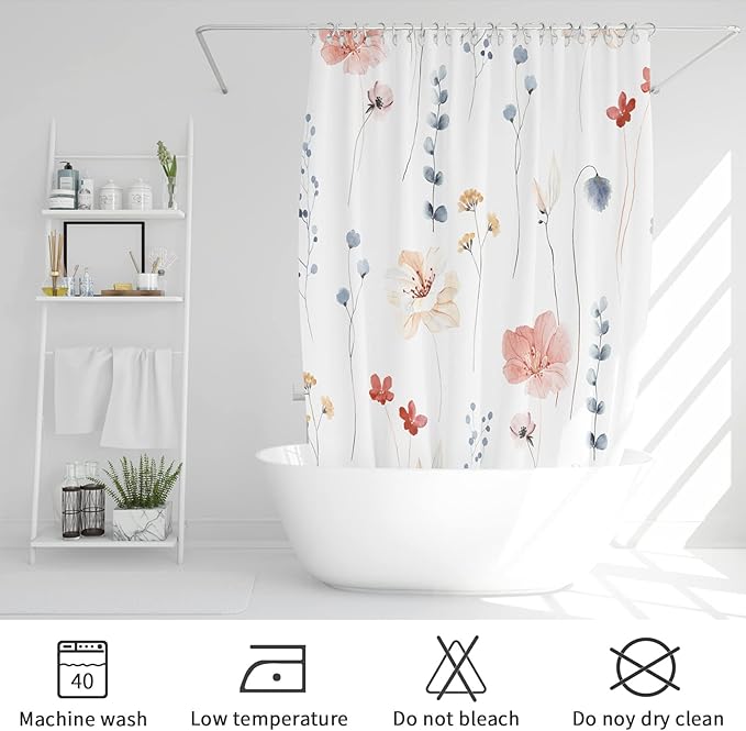 Gibelle Small Stall Shower Curtain 36 x 72, Narrow Half Watercolor Floral Fabric Shower Curtain, Coral Beige Flower Decorative Bathroom Shower Curtain Set