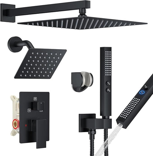 Rain Shower System Matte Black Shower Faucet Set, Dual Rainfall Shower Head Set with 2 in 1 Handheld Spray, Wall Mounted Bathroom 12-inch & 6-inch Square Showerheads with Valve, Matte Black