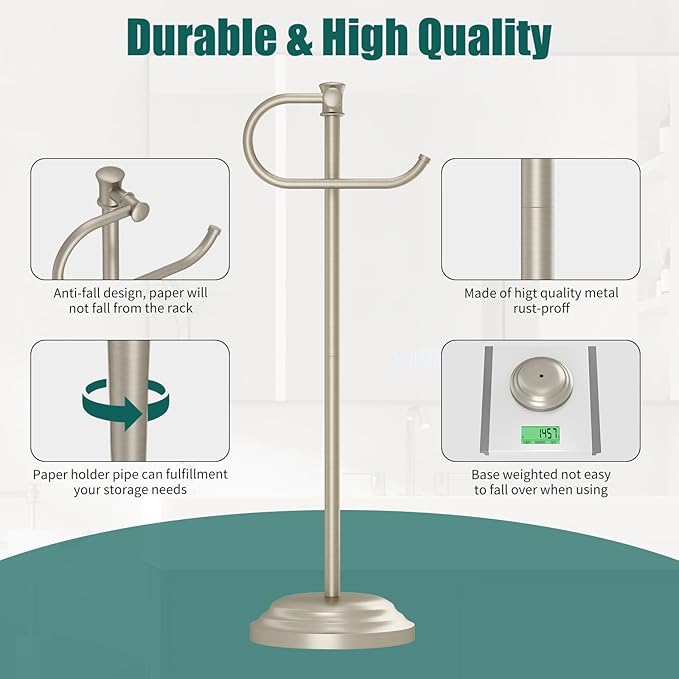 Hoimpro 25" Toilet Paper Holder Free Standing, Floor Bathroom Toilet Paper Tissue Roll Holder with Shelf Storage Stand for 4 Rolls, Freestanding Handle Hardware Accessories Rack Brushed Nickel