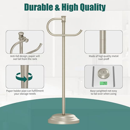 Hoimpro 25" Toilet Paper Holder Free Standing, Floor Bathroom Toilet Paper Tissue Roll Holder with Shelf Storage Stand for 4 Rolls, Freestanding Handle Hardware Accessories Rack Brushed Nickel