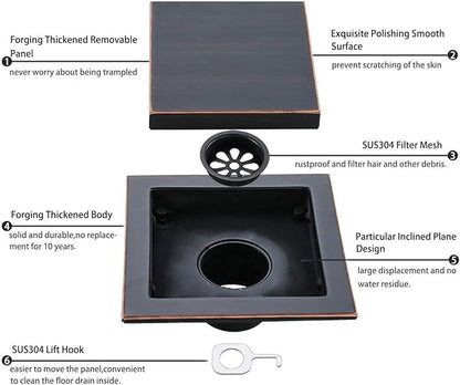 RANDOM Oil Rubbed Bronze Shower Drain Square 6 inch with Adjustable PVC Base Flange,SUS304 Stainless Steel Shower Floor Drain Kit with Tile Insert Shower Drain Cover and Hair Strainer