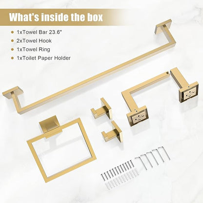 TQKAG Brushed Gold Bathroom Hardware Accessories Set 5 Pieces, Double Post Pivoting Toilet Paper Holder Set Stainless Steel Square Bathroom Towel Bar Holder Set Wall Mounted