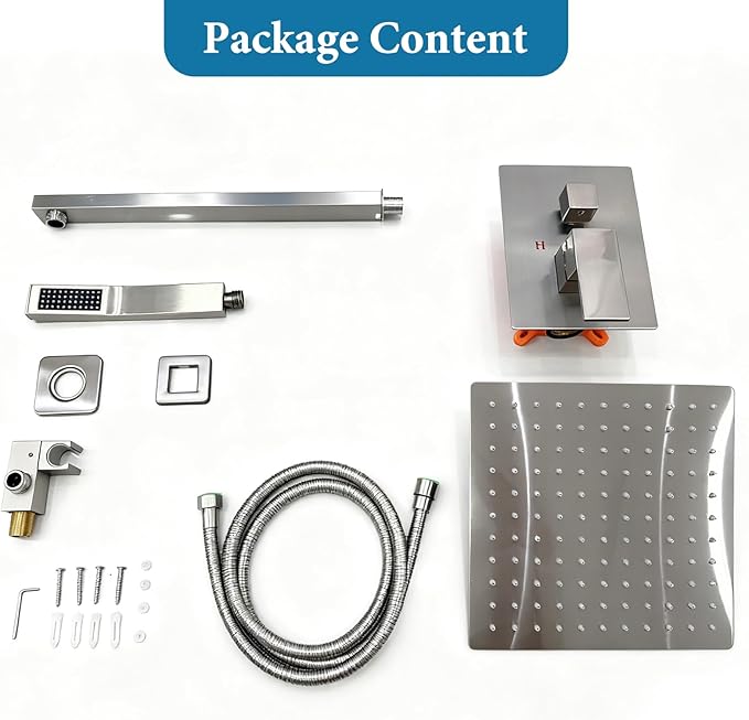 Brushed Nickel Square Shower Head with Handheld Set, Rainfall Shower System Modern Wall Mounted Shower Faucet for Bathroom 10 inch (With Shower Valve)