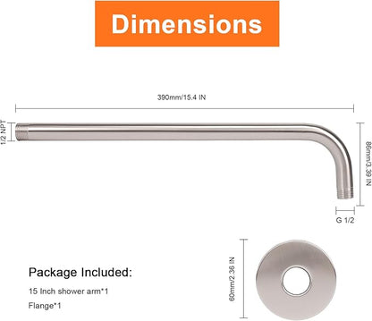 HarJue Shower Arm with Flange and Teflon Tape, Wall Mounted Shower Pipe 304 Stainless Steel Extension Arm for Fixed Shower Head & Handheld (15 Inch, Brushed Nickel)
