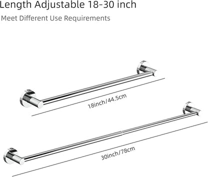 JiePai Adjustable 18 to 30 Inch Shower Towel Bar for Bathroom, Expandable SUS304 Stainless Steel Bath Towel Holder, Wall Mount with Screws Towel Bar Rod Hotel Style (Screw-in, Chrome)