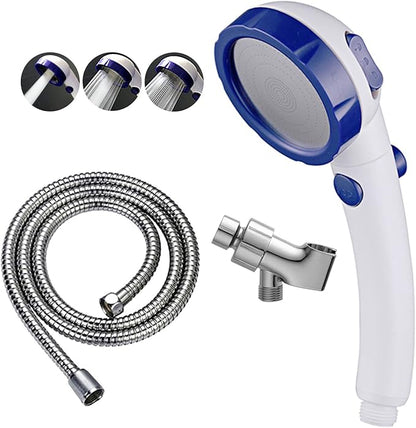 KAIYING High Pressure Handheld Shower Head with ON/OFF Pause Switch, 3 Spray Modes Shower Wand with Shut Off Button, Removable Camper Shower Head with Hose and Adjustable Angle Bracket (White & Blue)