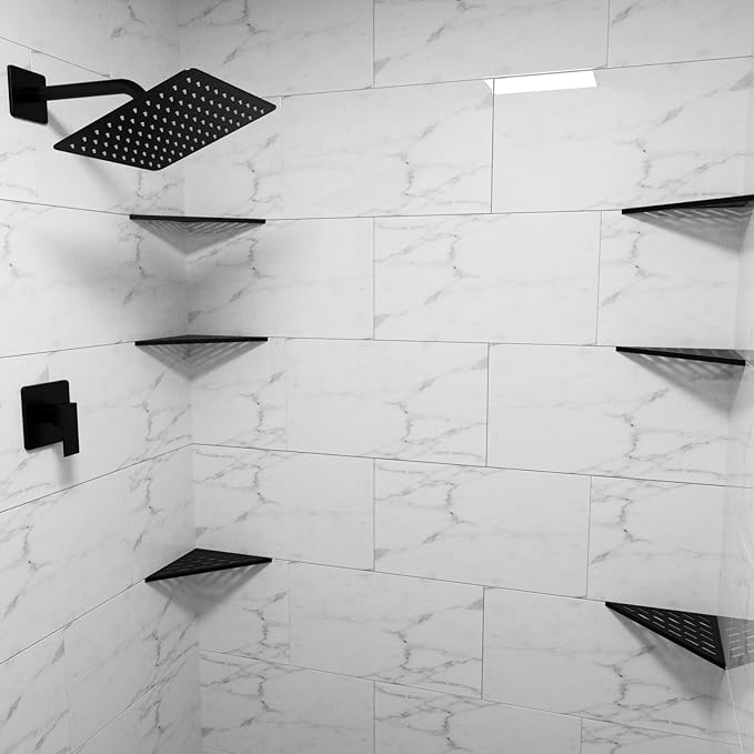 POPFLY 10 Inch Corner Shower Shelf 2 Pack, 304 Stainless Steel Matte Black, No Drilling Recessed Bathroom Shelves for Tiled Wall, Heavy Duty Floating Shower Organizer with Slot Design, PF7501B
