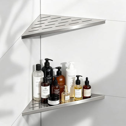 Corner Shower Shelves 10" Brushed Nickel, 2 Pack 304 Stainless Steel Shower Corner Shelf Recessed Slot Design, Wall Mount Triangle Shower Caddy for Bathroom, Kitchen Organization