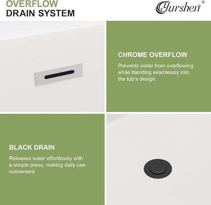 67 Inch Freestanding Acrylic Soaking Tub White Roll Top Deep Bathtub with Black Drain Relaxing Home Spa, YSB9222
