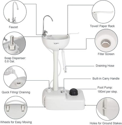 VINGLI Upgraded Portable Sink| Rolling Hand Wash Basin Stand with Towel Holder & Soap Dispenser & Wheels, Perfect for Garden/Camping/Outdoor Events/Gatherings/Worksite/RV/Indoor
