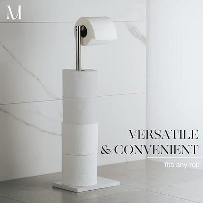 MARMOLUX ACC Free Standing Brushed Nickel Toilet Paper Holder Stand White Marble Base and Storage | 4 Jumbo Roll Bathroom Hardware Toilet Tissue Organizer | Stainless Steel Bathroom Decor Accessory
