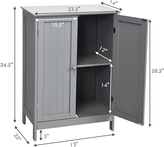 Tangkula Freestanding Storage Cabinet with Double Doors and Shelf, Modern Home Furniture, Wooden Organizer for Living Room and Bathroom, Grey