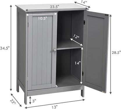 Tangkula Freestanding Storage Cabinet with Double Doors and Shelf, Modern Home Furniture, Wooden Organizer for Living Room and Bathroom, Grey