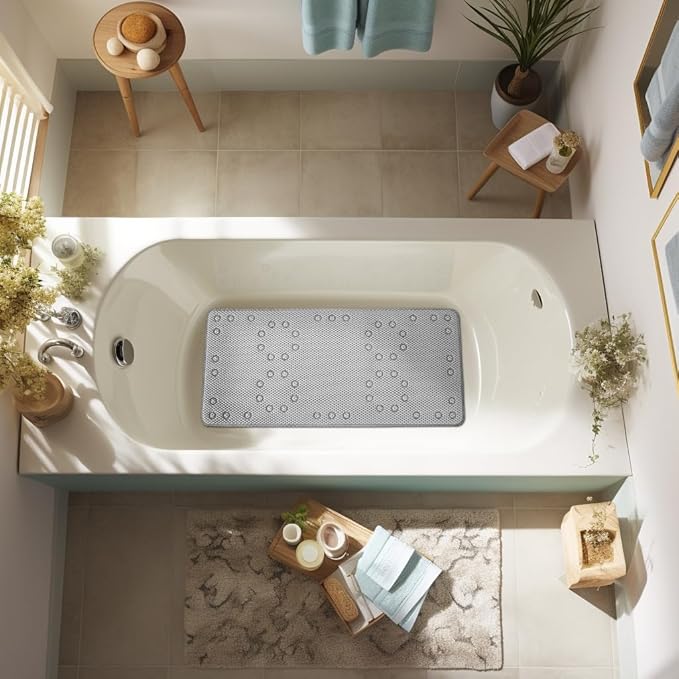 Double Layer Foam Non Slip Bathtub Mat 37x17in, More Comfortable and Thicker Tub Mat Than Ordinary Foam Shower Mat, Bath Mat for Tub with Suction for Comfort and Safety (Grey, 36'' x 17'')