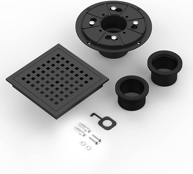 6 Inch Square Shower Floor Drain, Brushed Nickel High Flow Shower Drain Kit with Flange with Hair Filter, Removable Grate Cover, Stainless Steel, Abs Fixing Tray, CUPC Certified (Matte Black)