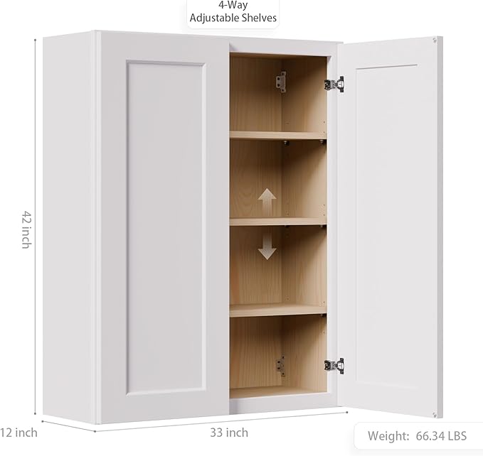 33 Inch Laundry Room Cabinets Wall Mounted, Solid Wood Over The Toilet Storage Cabinet, Bathroom Organizer Cabinets with 2 Shaker Door & 3 Shelves, Easy to Assemble for Kitchen, Garage - White