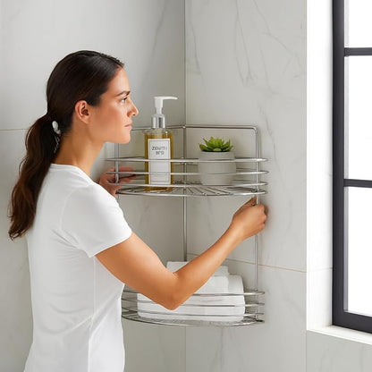 2-Tier Floor Standing Corner Shower Caddy - Sturdy Stainless Steel Bathroom Organizer Includes 2 Screws and Anchors - Freestanding or Wall-Mounted Shower Caddy - Silver