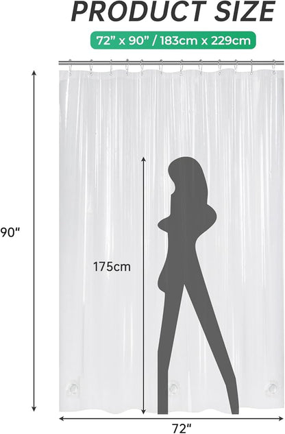 AmazerBath Extra Long Shower Curtain 90 Inches Long, Clear Premium PEVA Plastic 72x90 Inches, Tall Bathroom Curtain Heavy Duty with 3 Weighted Stones and 12 Grommet Holes