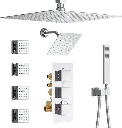 Thermostatic Shower System Chrome Shower Faucet Set, Four Modes Shower Faucet with 4 PCS Body Jet, Handheld Spray, 2 Rainfall Shower Head(12+8“)