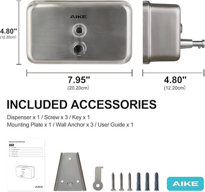 AIKE AK1005 Commercial Soap Dispenser – 37oz Capacity, Brushed Stainless Steel Surface Mount