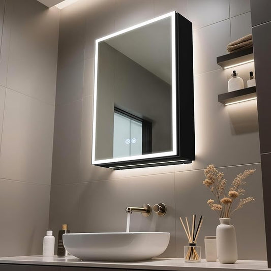 Lighted Medicine Cabinet with Mirror, 20 x 28 inch LED Bathroom Cabinet with Anti-Fog, Dimmable 3 Colors Front & Bottom Light, Buit-in Sockets & USBs, 2 Shelves, Plug-in or Hardwired