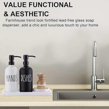 Glass Soap Dispenser for Kitchen, Farmhouse Dish Soap Dispenser&Hand Soap Dispenser Set,Rustproof Pump Soap Lotion Dispenser Set with Tray and Dish Brush,Kitchen Decor(Black&White)