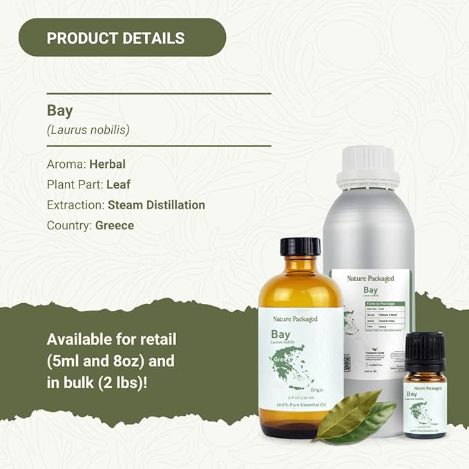 Bay Essential Oil - Direct from Greece - Steam Distilled - Laurel for Aromatherapy, Massage, Diffuser, DIY Candle and Soap Making - 2lbs