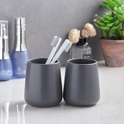 Matte Grey Toothbrush Holders for Bathroom - 2Pcs Ceramic Tooth Brushing Holder Set, Toothpaste Holder, Reusable Toothbrush Mouthwash Cups, Space-Saving Design for Bathroom Countertop