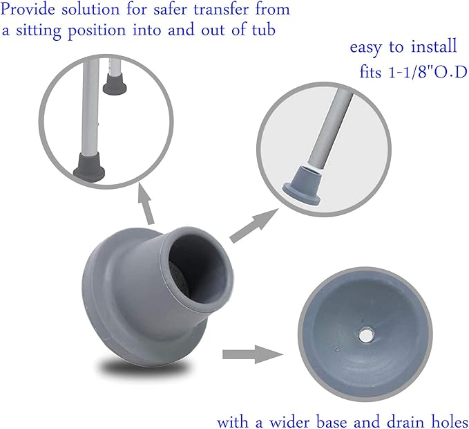 Replacement Feet for Shower Chair Bath Seat, Shower stools and Transfer Bench, Non-Skid Shower Bench and Tub Transfer Benches Rubber Suction Cup Feet, Metal Insert Reinforced (1-1/8" I.D, Grey)