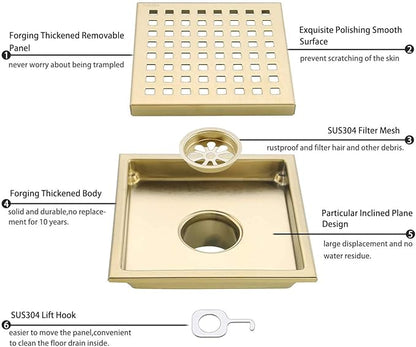 RANDOM Brushed Gold Shower Drain Square 6 Inch Shower Floor Drain with Grid Grate & Removable Hair Strainer 304 Stainless Steel Shower Drain Cover Bathroom Accessories.98738BG