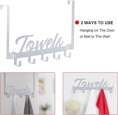 Over The Door Hooks, Towel Rack for Bathroom Towel Holder for Hanging Heavy Duty, Over Door Towel Hanger with 7 Coat Hooks for Bedroom Bathroom Kitchen Towels, Silver