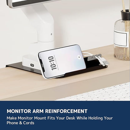 Monitor Arm Reinforcement Plate - with Phone Holder and Hook, for Thin, Glass and Other Fragile Tabletop, Compatible with Most Monitor Stand C-Clamp Installations, Anti-Slip, Black