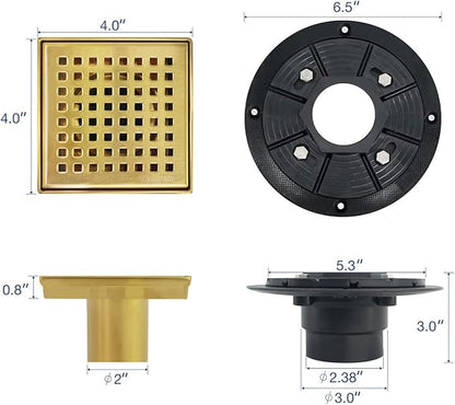 Neodrain 4 in Brushed Gold Square Shower Drain with Removable Quadrato Pattern Grate, PVC Shower Drain Base and Rubber Gasket, Golden 4" Shower Drainage,CUPC Certified, Hair Strainer