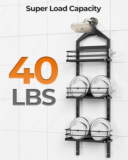 ODesign 3 Tier Height-Adjustable Shower Caddy Hanging Hanger Anti-Swing-Over The Shower Head Caddy-Shower Storage Organizer Bathroom Shelves Basket Shower Caddies-Black,11.9" x 4.84" x 36.2"