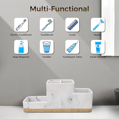 Toothbrush Holder for Bathrooms, Bathroom Organizer Countertop, Rectangle 5 Compartment Bathroom Accessories Storage for Toothpaste/Shaver and Other Items,White Resin of Marble Color (White)