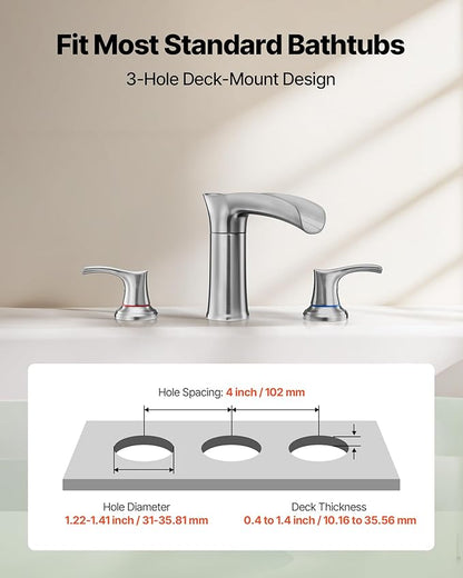 VEVOR Roman Tub Faucet, 3 Hole Waterfall Bathtub Faucet, Zinc Alloy Bath Tubs Faucets Set with 2 Handles, Deck Mount Bath Tub Faucets Set for Pet Washing, Adult Bathing, Silver, Hot & Cold Control