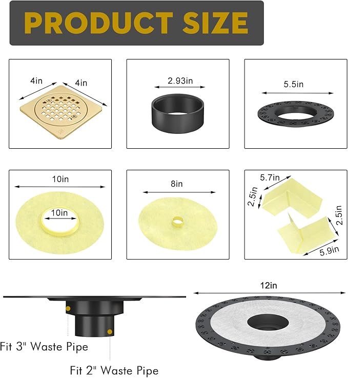 4” Drain Grate Kit - Compatible with Schluter Systems Kerdi Shower Drain - Shower Floor Drain Kit with Flange - SUS 304 Stainless Steel Grate & 2 Inch ABS Flange & CUPC Certification - Brushed Brass